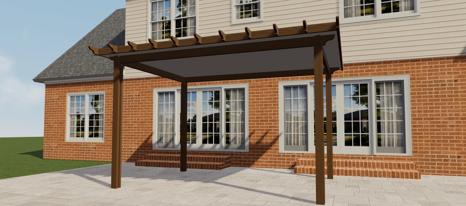 Vista 3D de una pérgola marrón efecto madera con cubierta sólida y extremos decorativos de vigas junto a una casa de ladrillo.