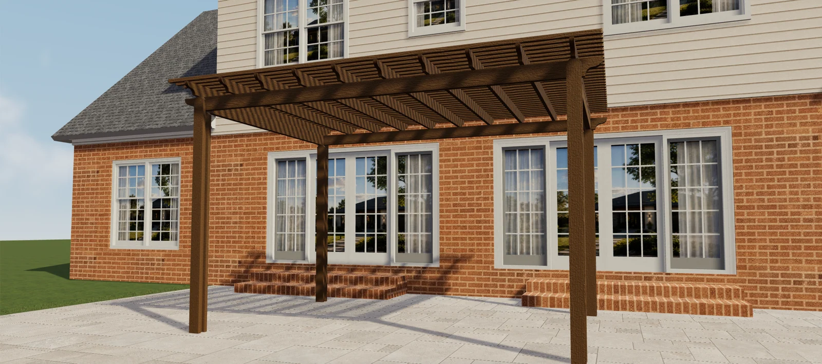 Vista frontal de una pérgola marrón efecto madera con lamas abiertas en una escena 3D de patio.