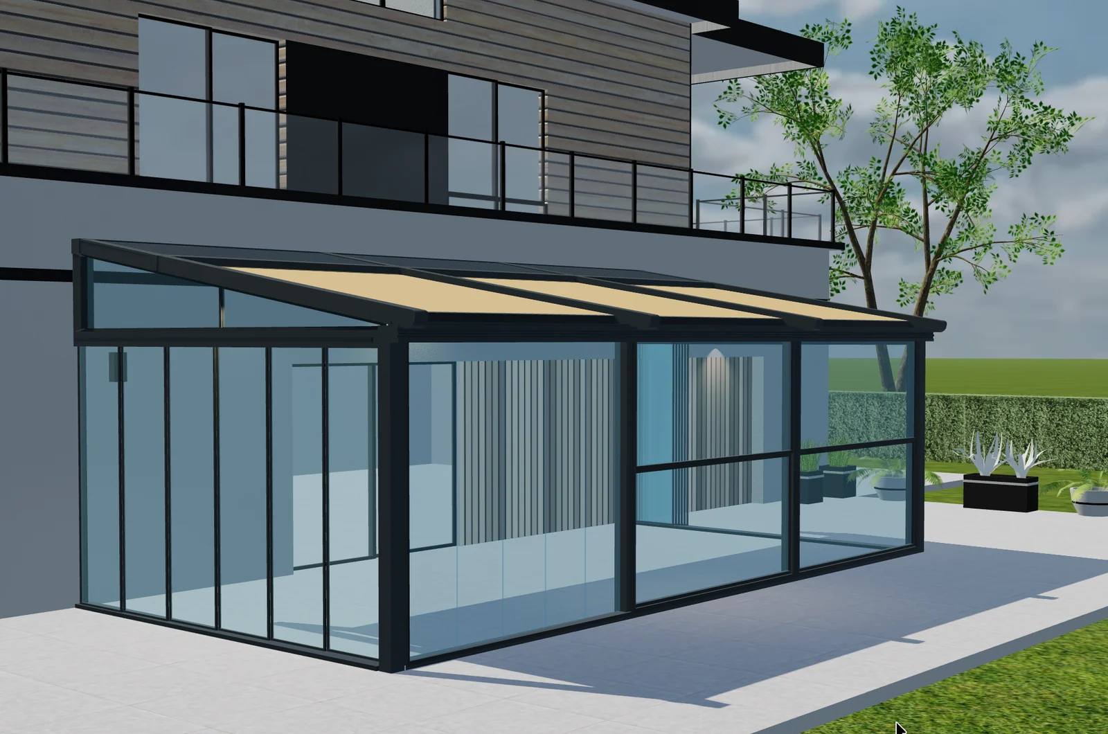 Vista 3D de una pérgola acristalada con estructura inclinada, cubiertas crema y paredes de vidrio con marcos oscuros.