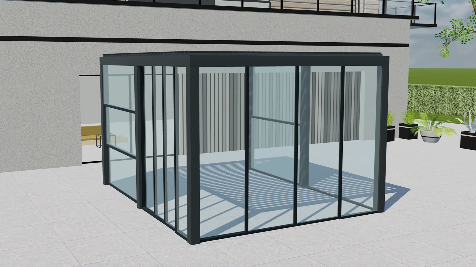 Vista 3D de una pérgola Tenteks Italia con estructura oscura, lamas de techo abiertas y paneles de vidrio en distintas posiciones.