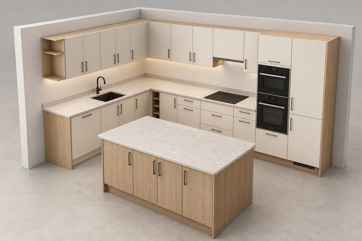 Vista de cocina con muebles, electrodomésticos y opciones de materiales