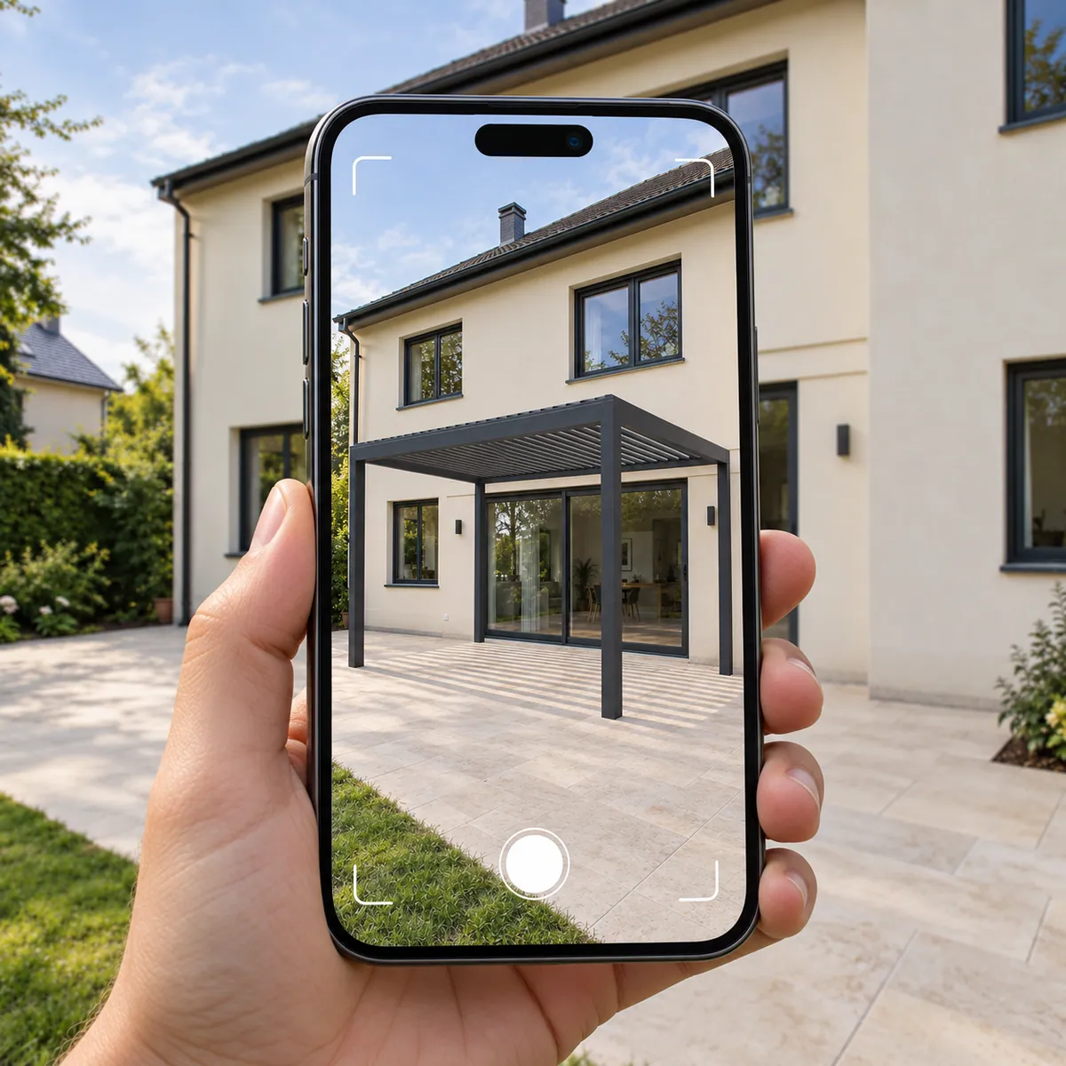 Visualización en realidad aumentada en un teléfono: un modelo de pérgola con lamas en el patio, con la casa detrás.