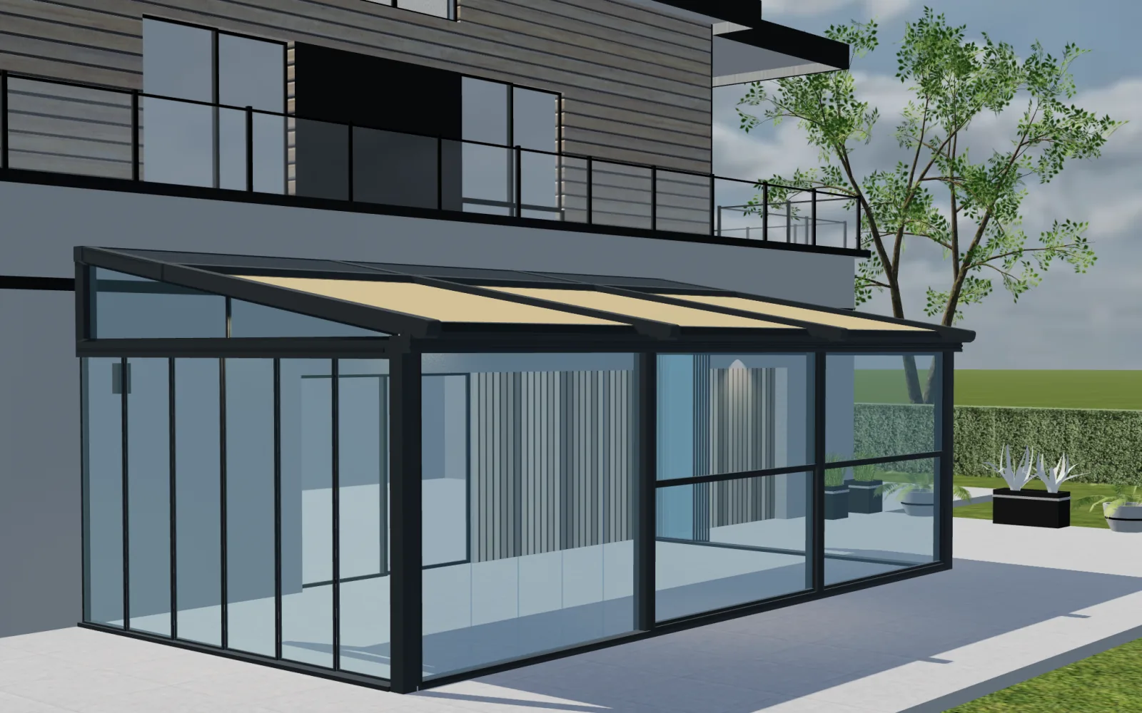 Configurador 3D de pérgolas Configurix con una pérgola acristalada adosada y un techo de lona parcialmente extendido